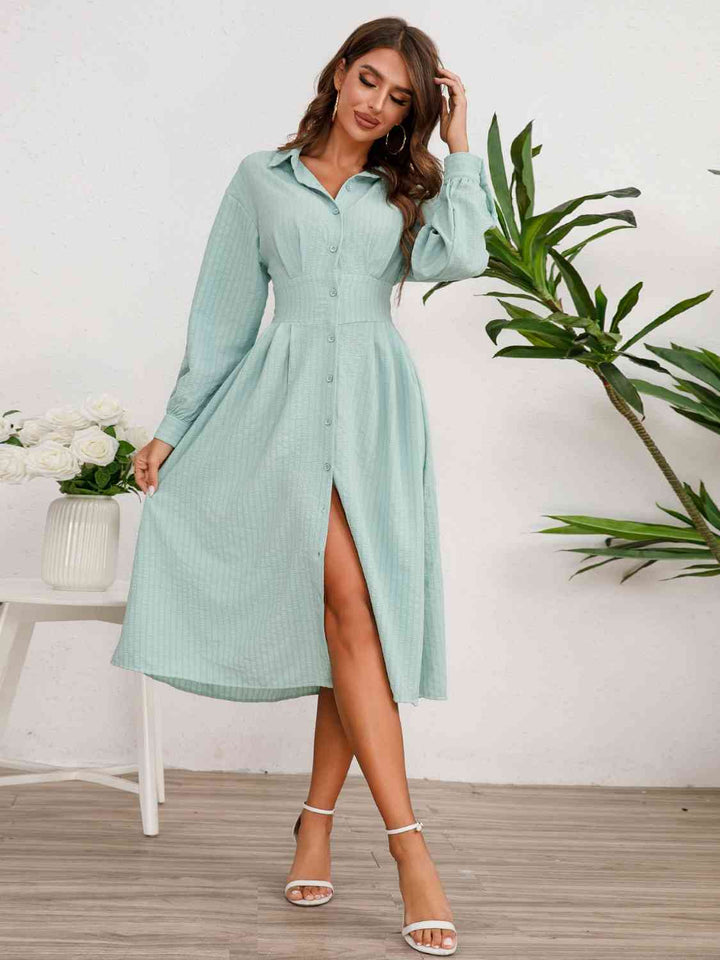 Long Sleeve Midi Shirt Dress |1mrk.com