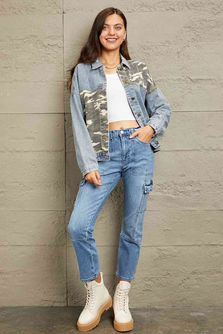 GeeGee Full Size Washed Denim Camo Contrast Jacket | 1mrk.com