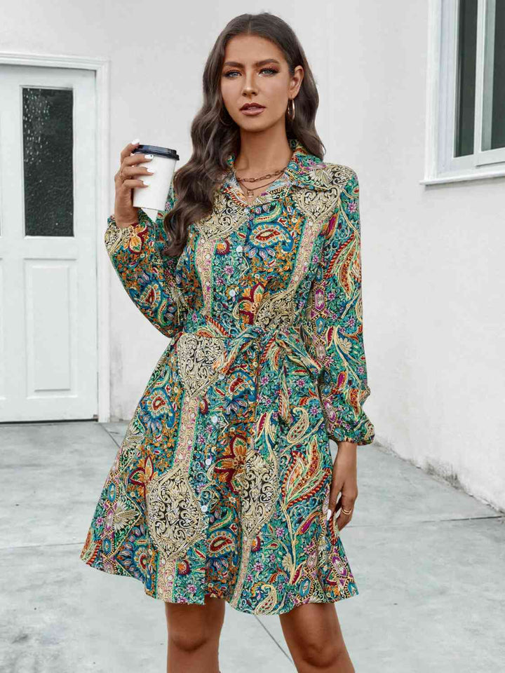 Printed Collared Neck Long Sleeve Dress |1mrk.com