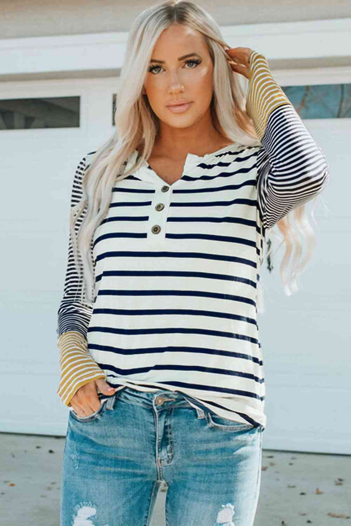 Striped Buttoned Long Sleeve Top | 1mrk.com