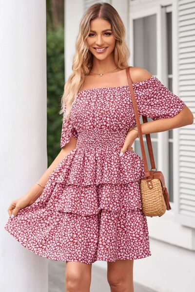 Floral Smocked Short Sleeve Layered Dress |1mrk.com