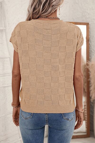 Pocketed Checkered Round Neck Knit Top | Trendsi