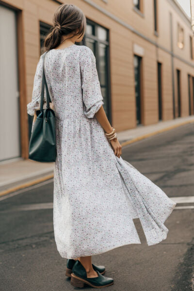 Slit Printed Tie Neck Long Sleeve Dress |1mrk.com