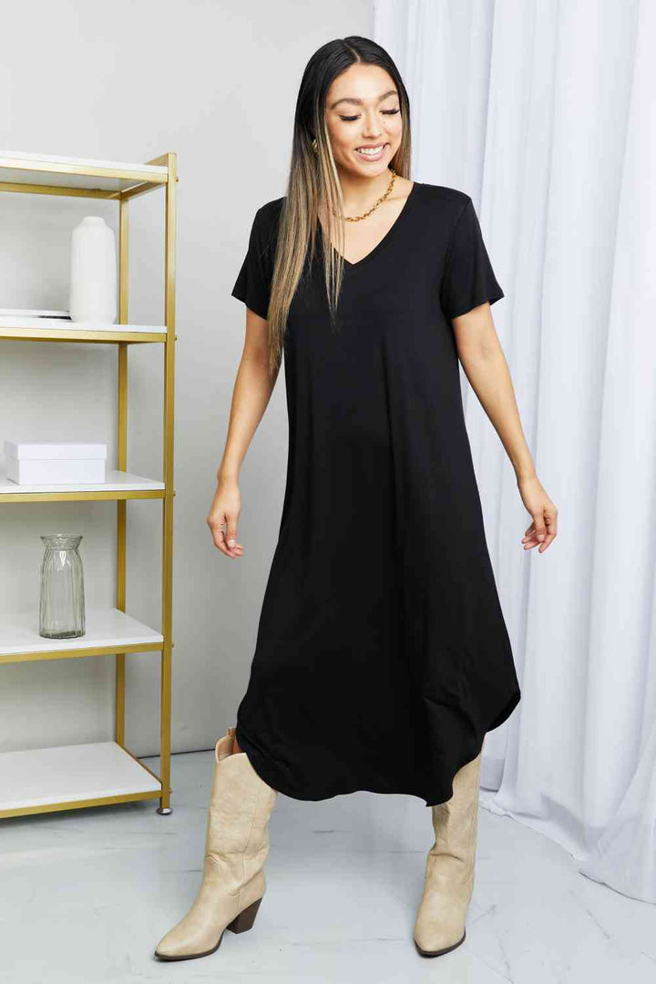 HYFVE V-Neck Short Sleeve Curved Hem Dress in Black | 1mrk.com