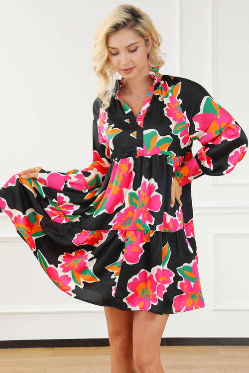 Flower Print Notched Ruffle Hem Dress |1mrk.com