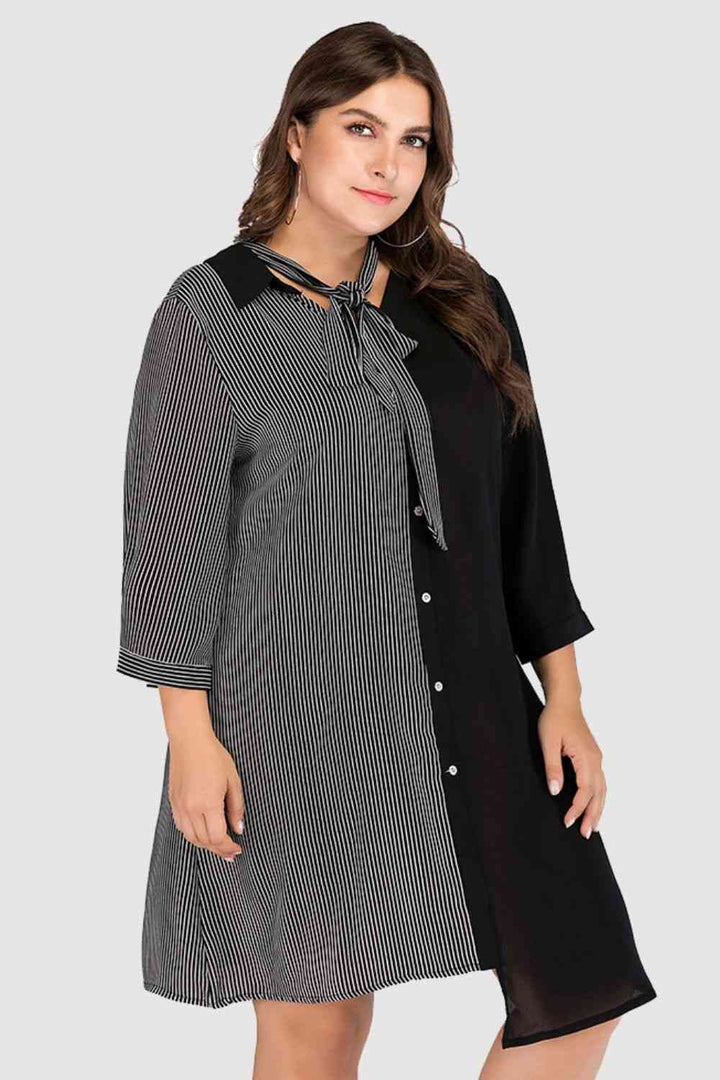 Plus Size Striped Color Block Tie-Neck Dress |1mrk.com