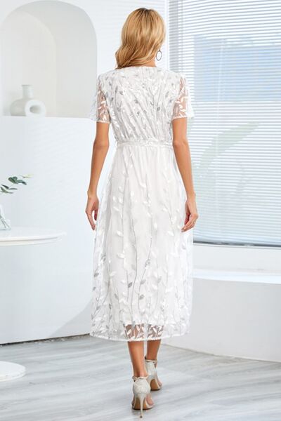 Sequin Leaf Embroidery Tie Front Short Sleeve Dress |1mrk.com