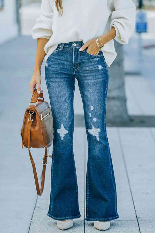 Buttoned Distressed Wide Leg Jeans | 1mrk.com