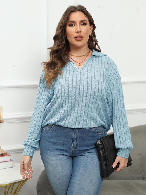 Plus Size Ribbed Collared Neck Long Sleeve Blouse | 1mrk.com