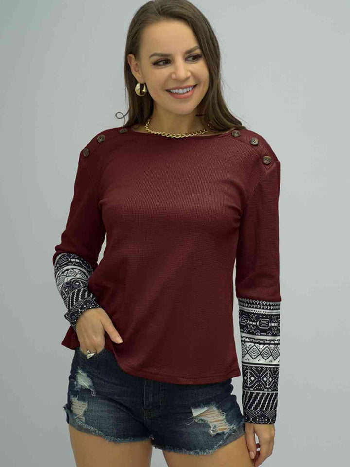 Buttoned Round Neck Long Printed Sleeve Tee | 1mrk.com