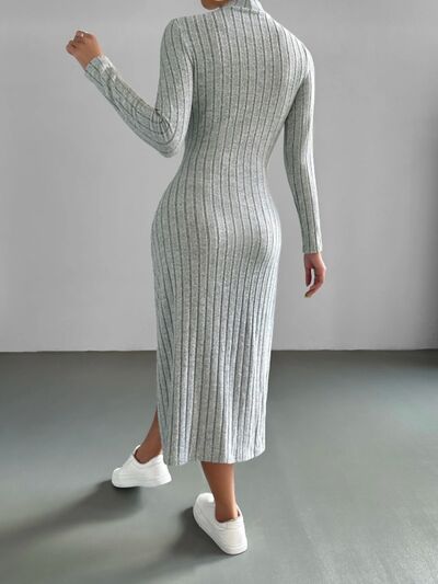 Ribbed Mock Neck Long Sleeve Midi Sweater Dress |1mrk.com