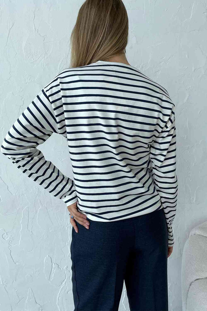 Round Neck Striped Dropped Shoulder T-Shirt | 1mrk.com