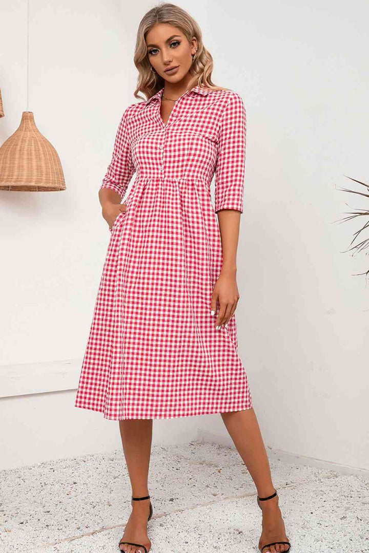 Plaid Collared Neck Midi Dress |1mrk.com