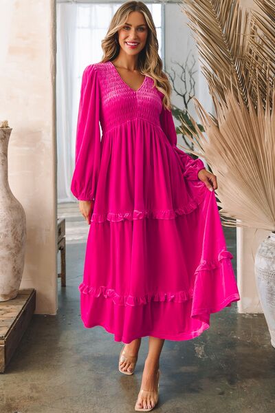 Frill V-Neck Balloon Sleeve Tiered Dress | 1mrk.com