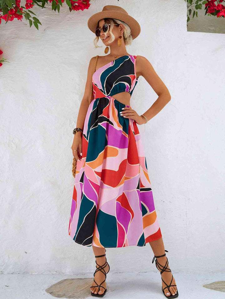 Printed Cutout One-Shoulder Sleeveless Dress |1mrk.com