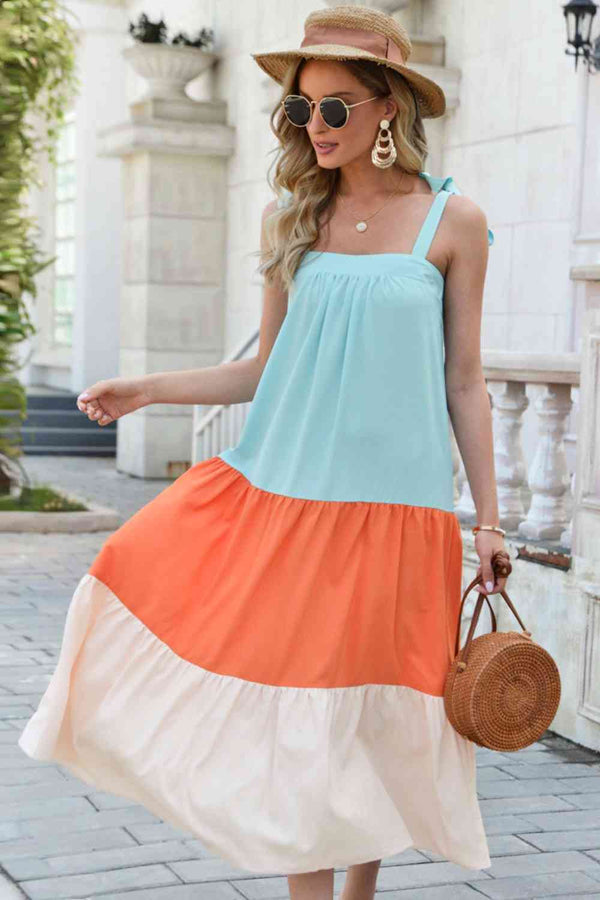 Color Block Tie-Shoulder Sleeveless Dress |1mrk.com