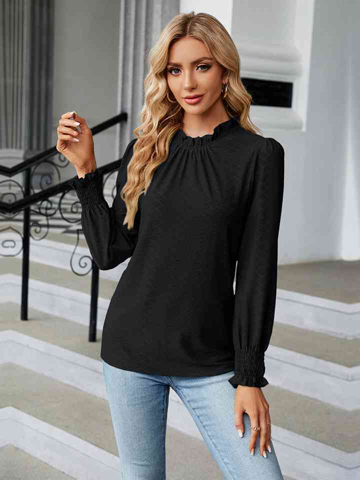 Round Neck Flounce Sleeve Blouse | 1mrk.com