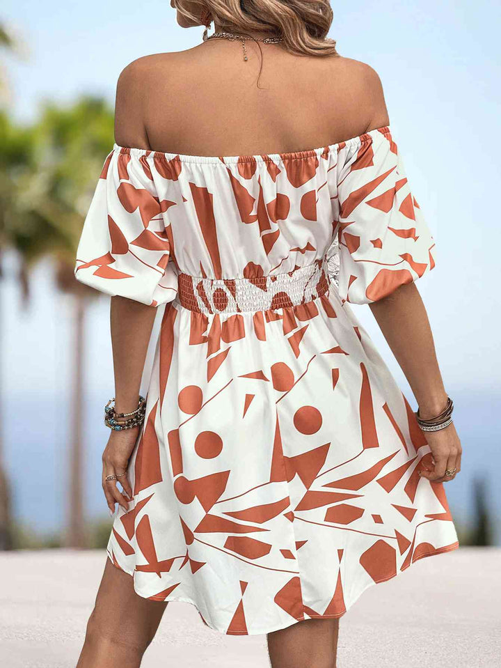 Printed Off-Shoulder Smocked Waist Dress |1mrk.com