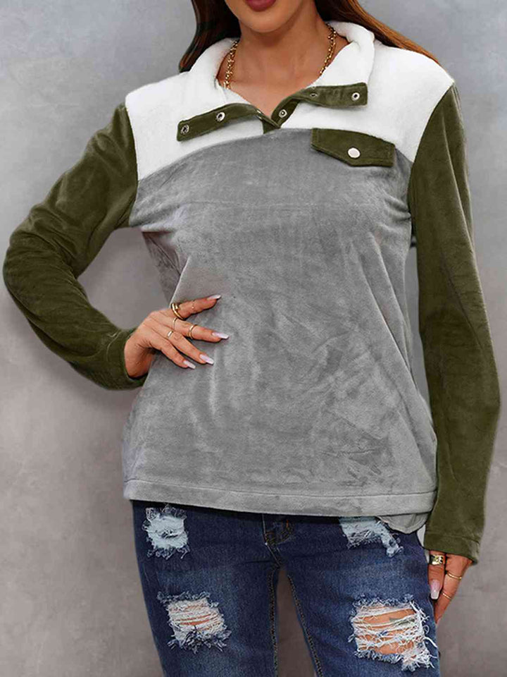 Color Block Collared Sweatshirt with Pockets |1mrk.com