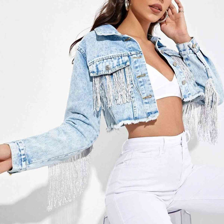 Fringe Detail Long Sleeve Cropped Denim Jacket | 1mrk.com