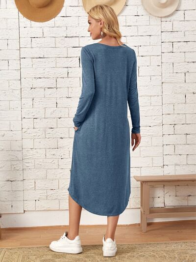 Pocketed Round Neck Long Sleeve Tee Dress | Trendsi