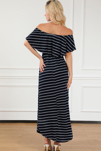 Striped Off-Shoulder Slit Dress |1mrk.com