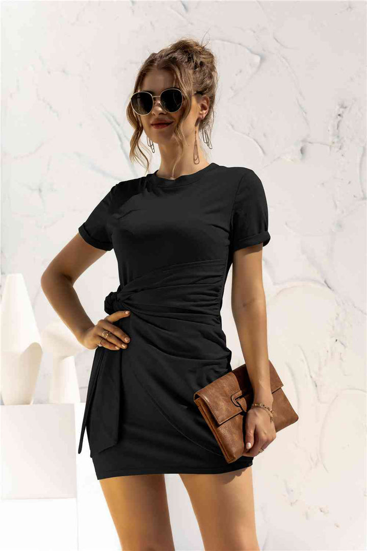 Round Neck Cuffed Sleeve Side Tie Dress |1mrk.com