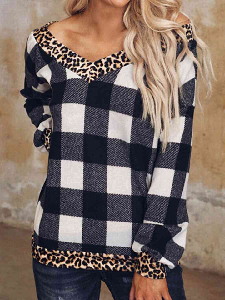 Plaid Leopard V-Neck Sweatshirt |1mrk.com