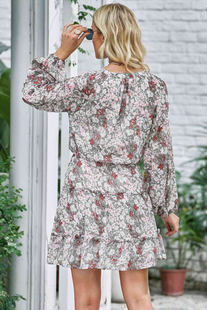 Floral Frill Trim Puff Sleeve Notched Neck Dress |1mrk.com