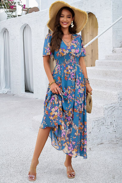 Smocked Floral V-Neck Short Sleeve Dress |1mrk.com