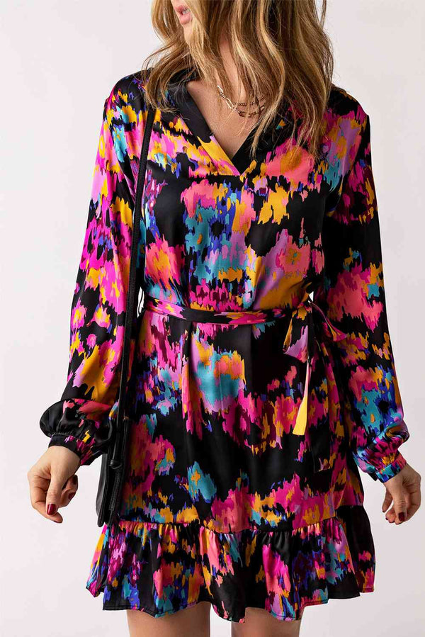 Abstract Print Belted Ruffle Hem Dress |1mrk.com