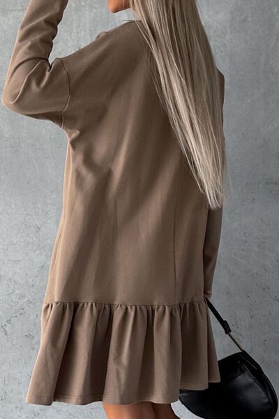 Notched Long Sleeve Ruffle Hem Mini Dress | 1mrk.com