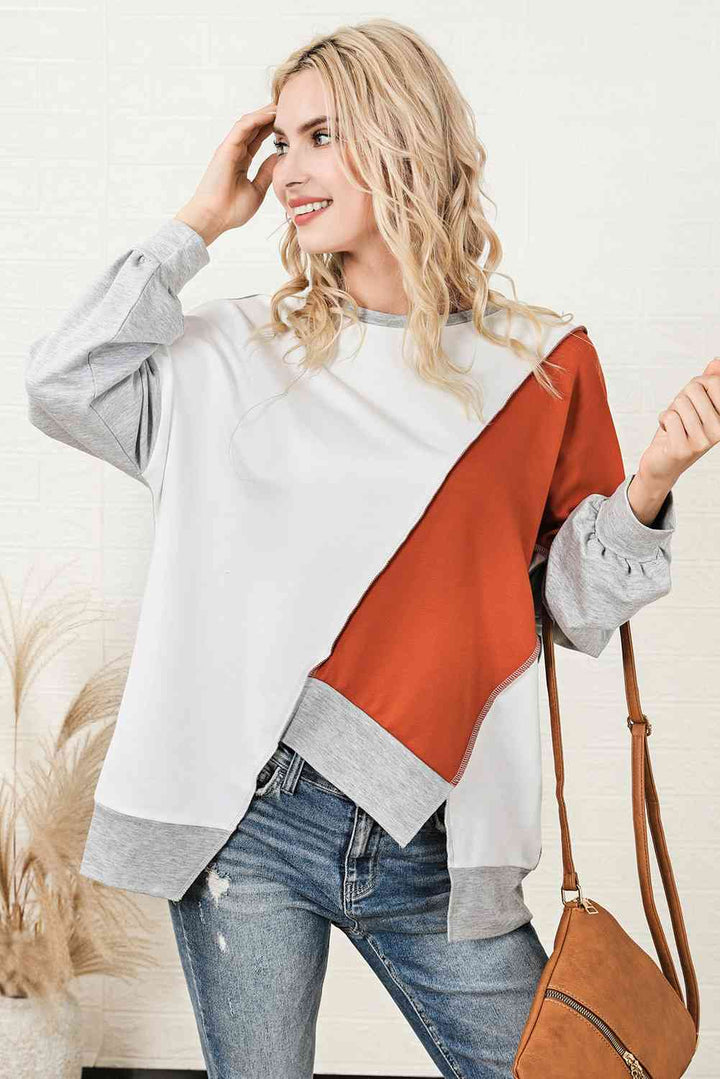 Color Block Exposed Seam Asymmetrical Sweatshirt |1mrk.com