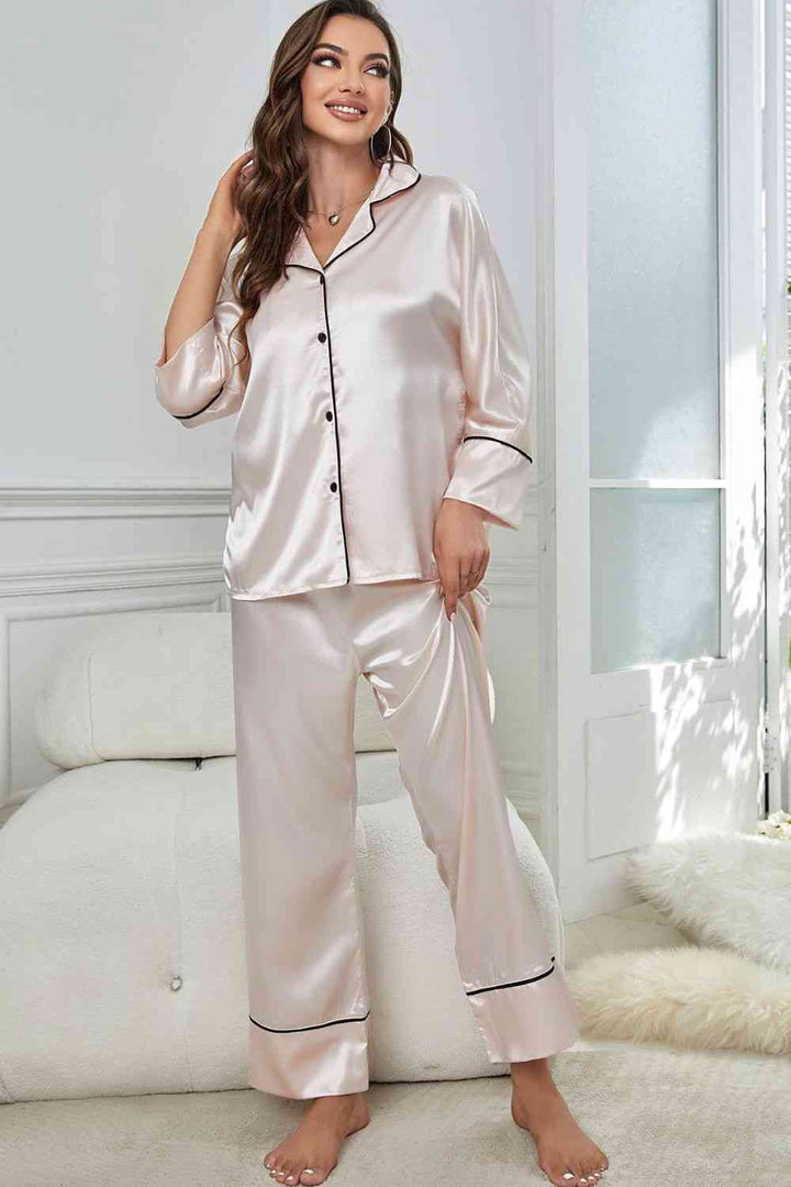 Contrast Piping Button-Up Top and Pants Pajama Set | 1mrk.com