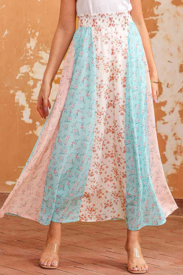 Floral Color Block Smocked Waist Maxi Skirt |1mrk.com