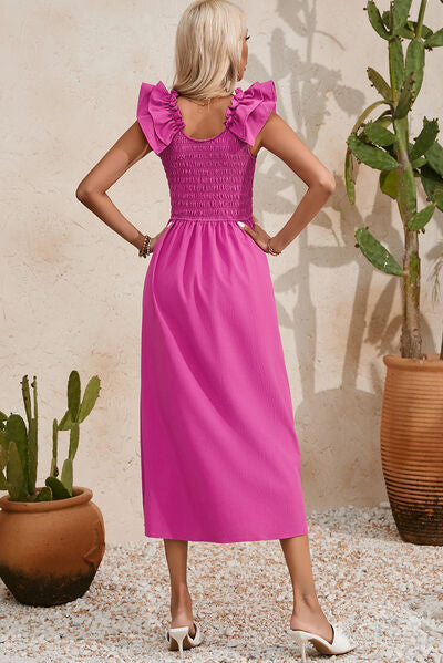 Smocked Ruffled Scoop Neck Midi Dress |1mrk.com