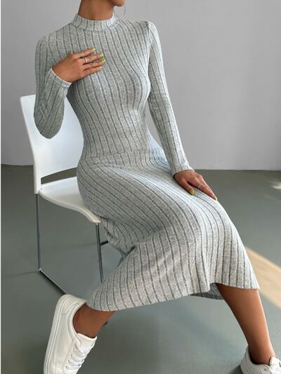 Ribbed Mock Neck Long Sleeve Midi Sweater Dress |1mrk.com