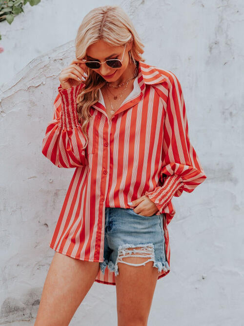 Striped Collared Neck Lantern Sleeve Shirt |1mrk.com