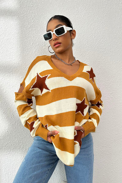 Star Pattern V-Neck Cutout Sweater | Trendsi