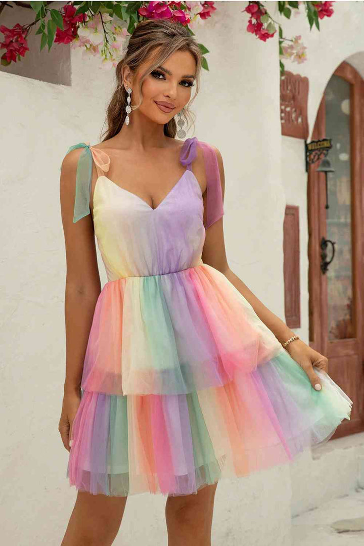 Gradient Tie-Shoulder Layered Dress |1mrk.com