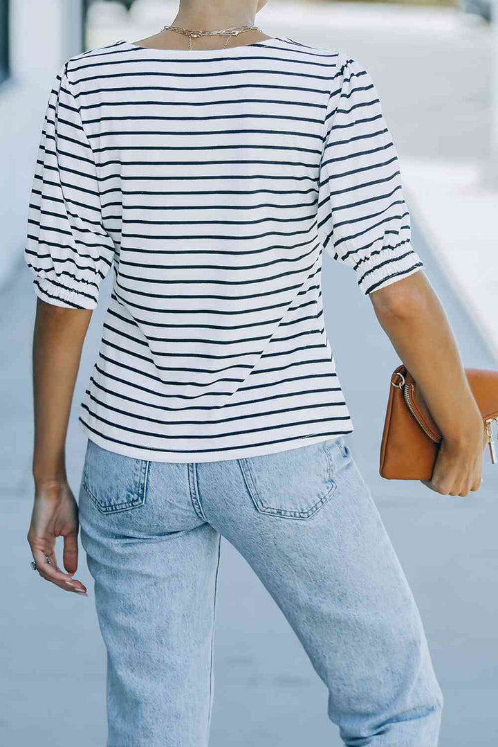 Striped Half Puff Sleeve Square Neck T-Shirt | 1mrk.com