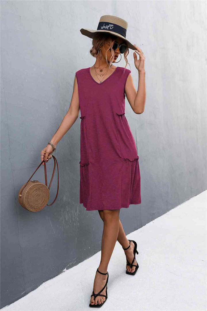 V-Neck Frill Trim Sleeveless Dress |1mrk.com