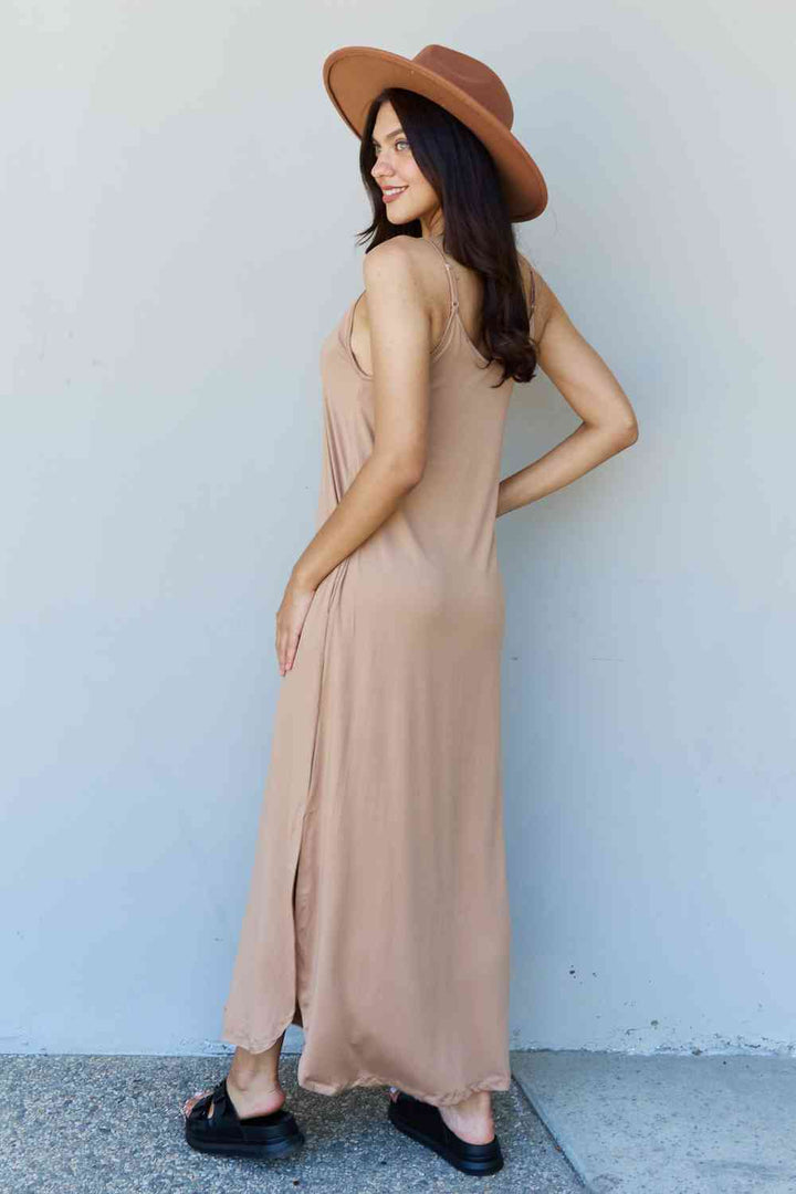 Ninexis Good Energy Full Size Cami Side Slit Maxi Dress in Camel | 1mrk.com