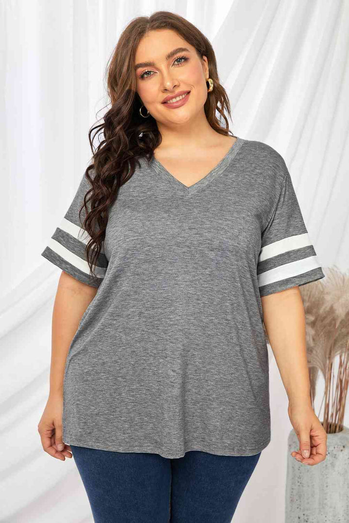 Plus Size Striped V-Neck Tee Shirt | 1mrk.com