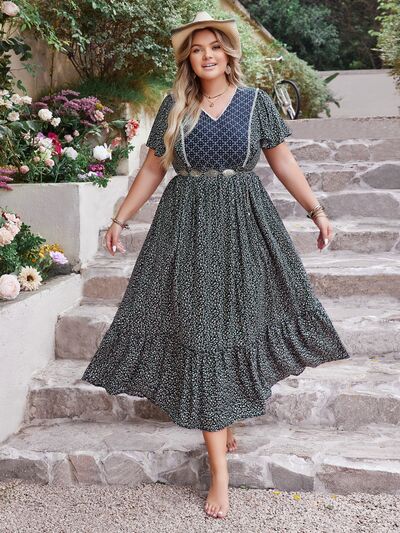 Plus Size Printed V-Neck Flutter Sleeve Midi Dress | Trendsi