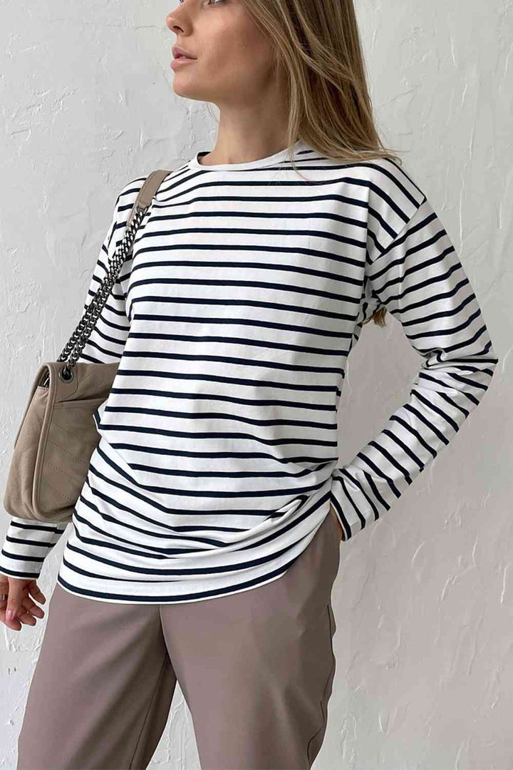 Round Neck Striped Dropped Shoulder T-Shirt | 1mrk.com