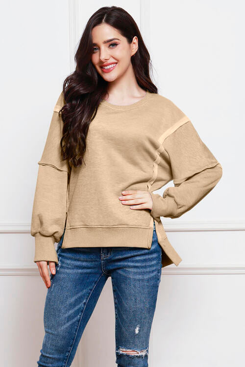 Exposed Seam High-Low Slit Sweatshirt | 1mrk.com