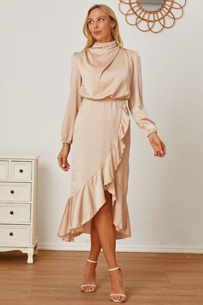 Mock Neck Ruffled Asymmetrical Dress |1mrk.com