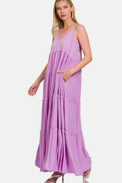 Zenana Frill Tiered V-Neck Maxi Cami Dress | Trendsi