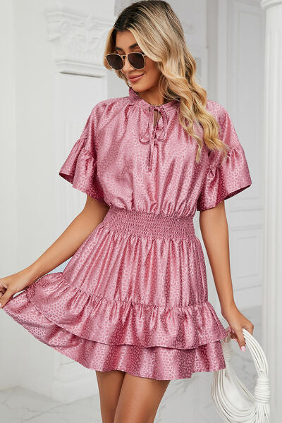 Smocked Tie Neck Flounce Sleeve Dress |1mrk.com